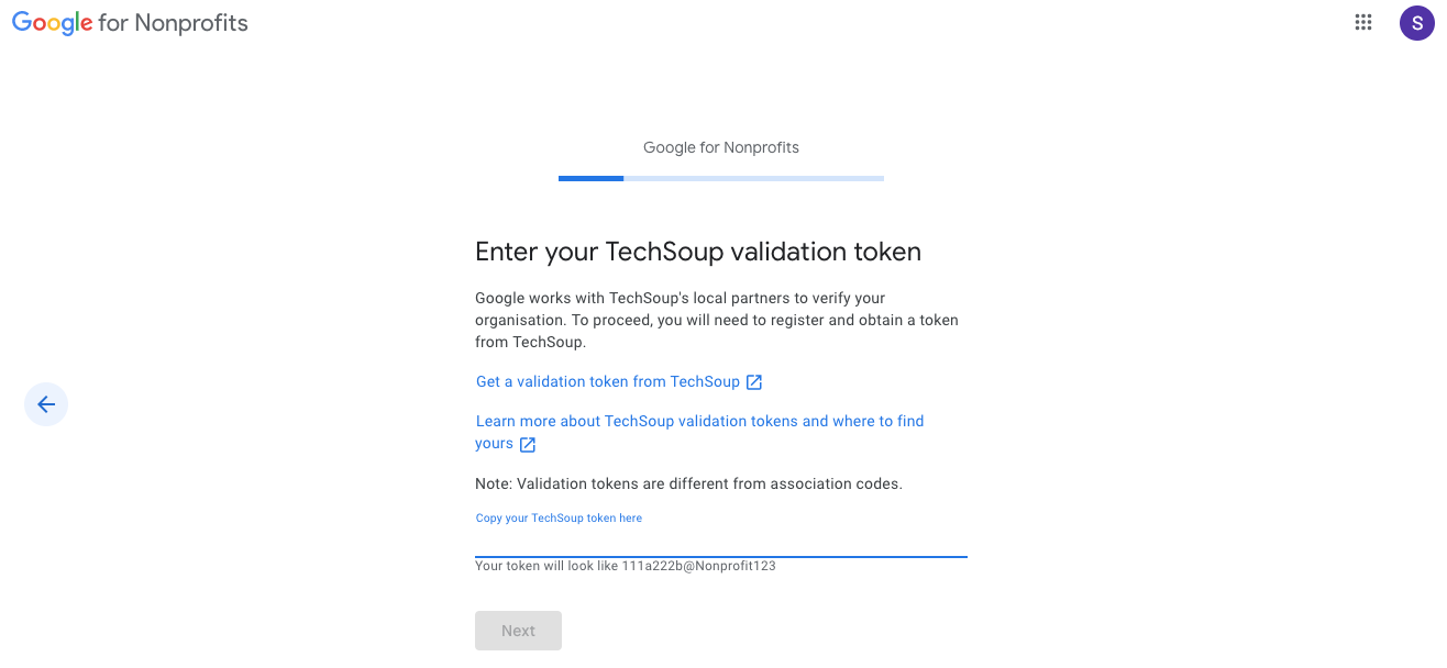 Enter TechSoup validation token